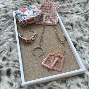 Plunder gold lot Cloth bracelet & a Moon shaped necklace &  pink resin earrings